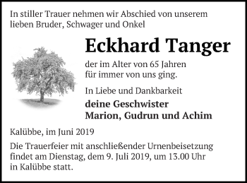 Traueranzeige von Eckhard Tanger von Neubrandenburger Zeitung