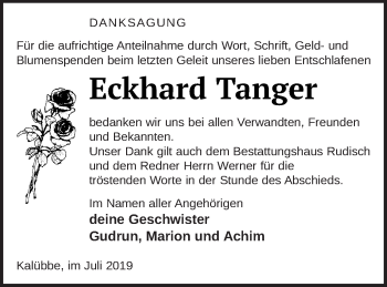 Traueranzeige von Eckhard Tanger von Neubrandenburger Zeitung