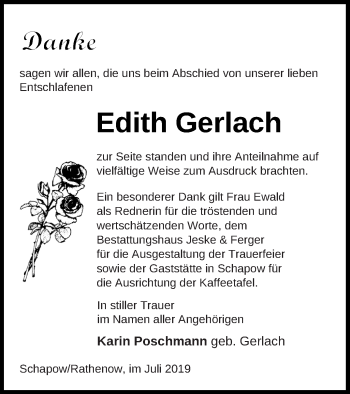 Traueranzeige von Edith Gerlach von Prenzlauer Zeitung