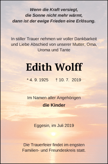 Traueranzeige von Edith Wolff von Haff-Zeitung