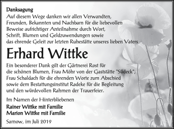 Traueranzeige von Erhard Wittke von Vorpommern Kurier