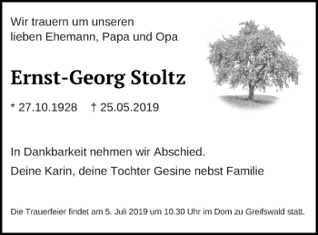 Traueranzeige von Ernst-Georg Stoltz von Vorpommern Kurier