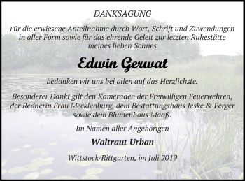 Traueranzeige von Eswin Gerwat von Prenzlauer Zeitung