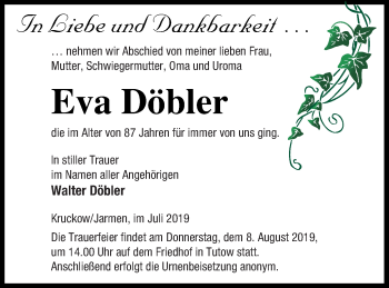 Traueranzeige von Eva Döbler von Vorpommern Kurier