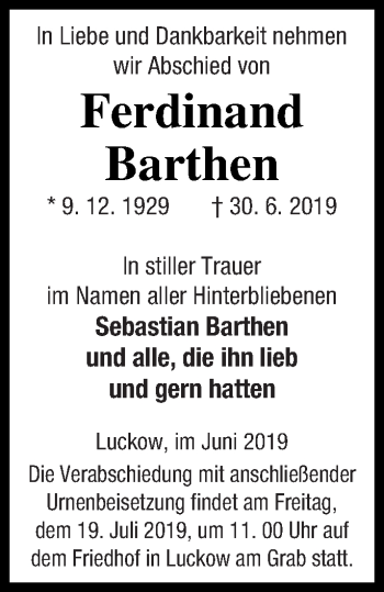 Traueranzeige von Ferdinand Barthen von Haff-Zeitung