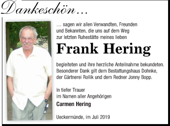 Traueranzeige von Frank Hering von Haff-Zeitung