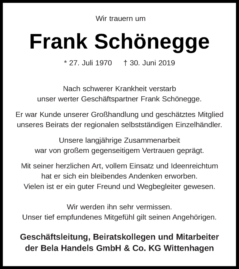  Traueranzeige für Frank Schönegge vom 12.07.2019 aus Neubrandenburger Zeitung