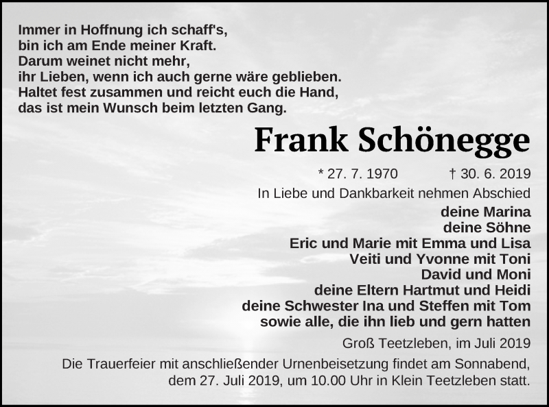  Traueranzeige für Frank Schönegge vom 12.07.2019 aus Mecklenburger Schweiz