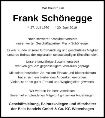 Traueranzeige von Frank Schönegge von Neubrandenburger Zeitung