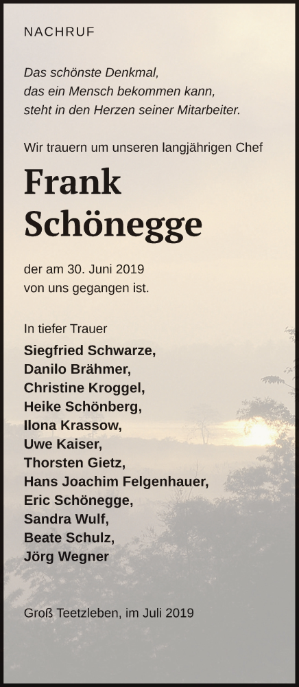  Traueranzeige für Frank Schönegge vom 11.07.2019 aus Neubrandenburger Zeitung