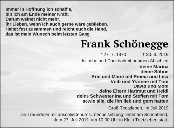 Traueranzeige von Frank Schönegge von Mecklenburger Schweiz