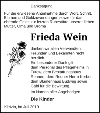 Traueranzeige von Frieda Wein von Demminer Zeitung