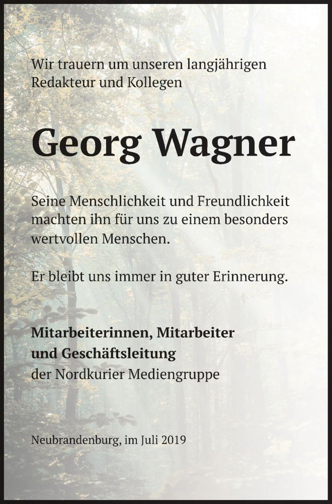  Traueranzeige für Georg Wagner vom 30.07.2019 aus Nordkurier Gesamtausgabe