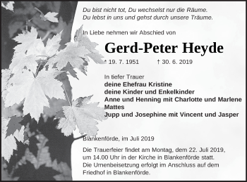 Traueranzeige von Gerd-Peter Heyde von Strelitzer Zeitung