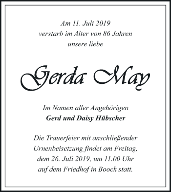 Traueranzeige von Gerda May von Pasewalker Zeitung