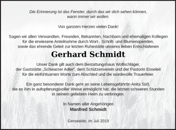 Traueranzeige von Gerhard Schmidt von Templiner Zeitung