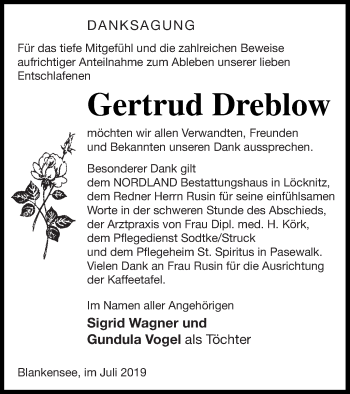 Traueranzeige von Gertrud Dreblow von Pasewalker Zeitung