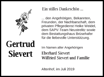 Traueranzeige von Gertrud Sievert von Müritz-Zeitung