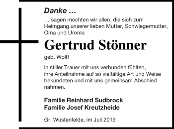 Traueranzeige von Gertrud Stönner von Mecklenburger Schweiz