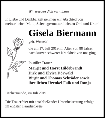 Traueranzeige von Gisela Biermann von Haff-Zeitung