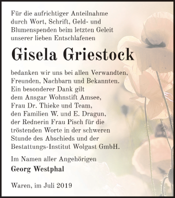 Traueranzeige von Gisela Griestock von Müritz-Zeitung
