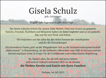 Traueranzeige von Gisela Schulz von Prenzlauer Zeitung