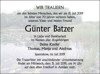 Traueranzeige von Günter Batzer von Vorpommern Kurier