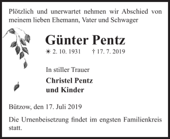 Traueranzeige von Günter Pentz von Bützower Zeitung