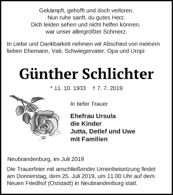 Traueranzeige von Günther Schlichter von Neubrandenburger Zeitung