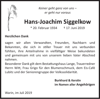 Traueranzeige von Hans-Joachim Siggelkow von Anzeiger für Sternberg - Brüel - Warin