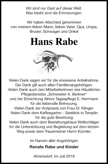 Traueranzeige von Hans Rabe von Templiner Zeitung