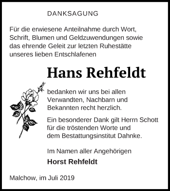 Traueranzeige von Hans Rehfeldt von Müritz-Zeitung
