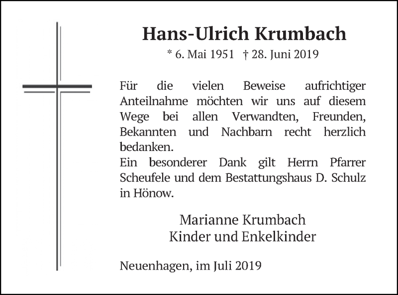  Traueranzeige für Hans-Ulrich Krumbach vom 27.07.2019 aus Mecklenburger Schweiz