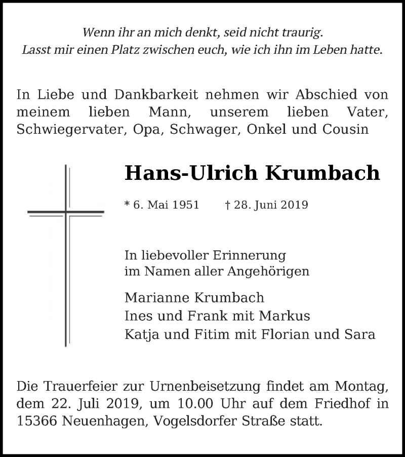  Traueranzeige für Hans-Ulrich Krumbach vom 13.07.2019 aus Mecklenburger Schweiz