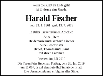 Traueranzeige von Harald Fischer von Strelitzer Zeitung