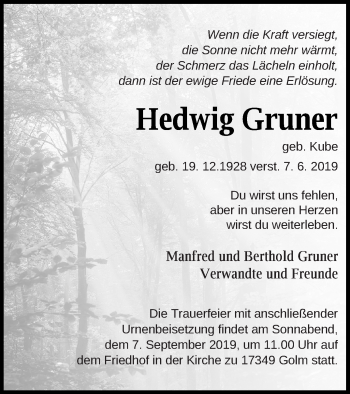 Traueranzeige von Hedwig Gruner von Haff-Zeitung