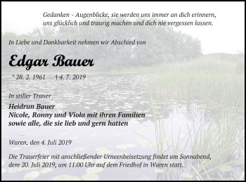Traueranzeige von Edgar Bauer von Müritz-Zeitung