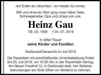 Traueranzeige von Heinz Gau von Vorpommern Kurier