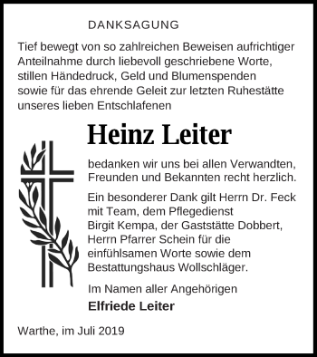 Traueranzeige von Heinz Leiter von Templiner Zeitung