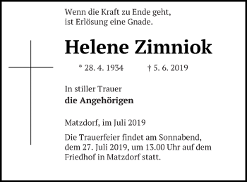 Traueranzeige von Helene Zimniok von Pasewalker Zeitung