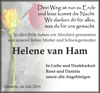 Traueranzeige von Helene van Ham von Güstrower Anzeiger