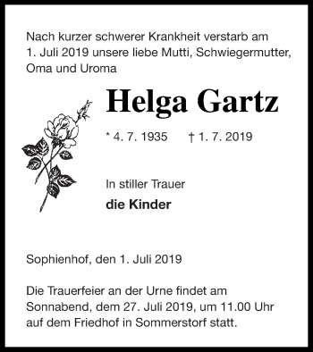 Traueranzeige von Helga Gartz von Müritz-Zeitung