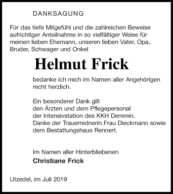 Traueranzeige von Helmut Frick von Demminer Zeitung