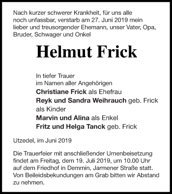 Traueranzeige von Helmut Frick von Demminer Zeitung