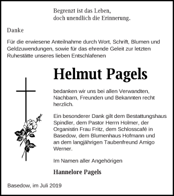 Traueranzeige von Helmut Pagels von Mecklenburger Schweiz