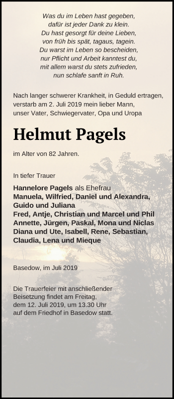 Traueranzeige von Helmut Pagels von Mecklenburger Schweiz