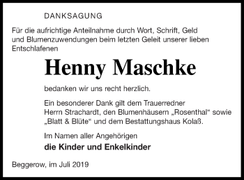 Traueranzeige von Henny Maschke von Demminer Zeitung