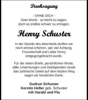 Traueranzeige von Henry Schuster von Müritz-Zeitung