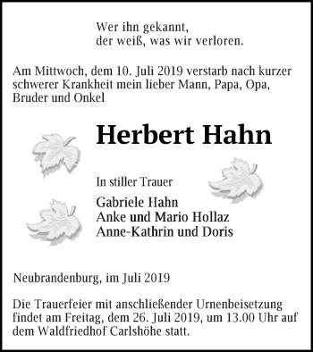 Traueranzeige von Herbert Hahn von Neubrandenburger Zeitung