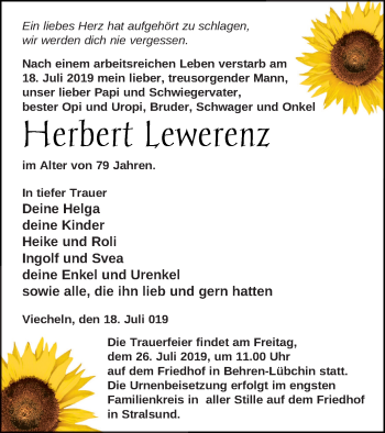 Traueranzeige von Herbert Lewerenz von Mecklenburger Schweiz